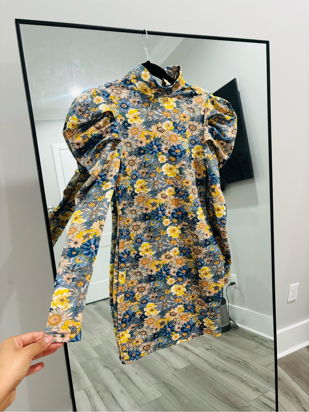SHEIN Blue and Yellow Floral Puff-Sleeve Mini Dress